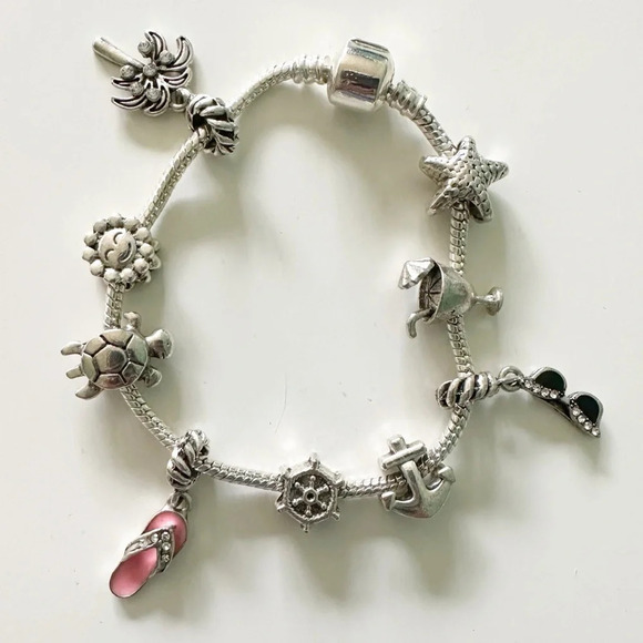 Charm Bracelet Summer Beach Beachy Silver Tone Flip Flop Palm Tree Turtle Sun - Picture 1 of 8